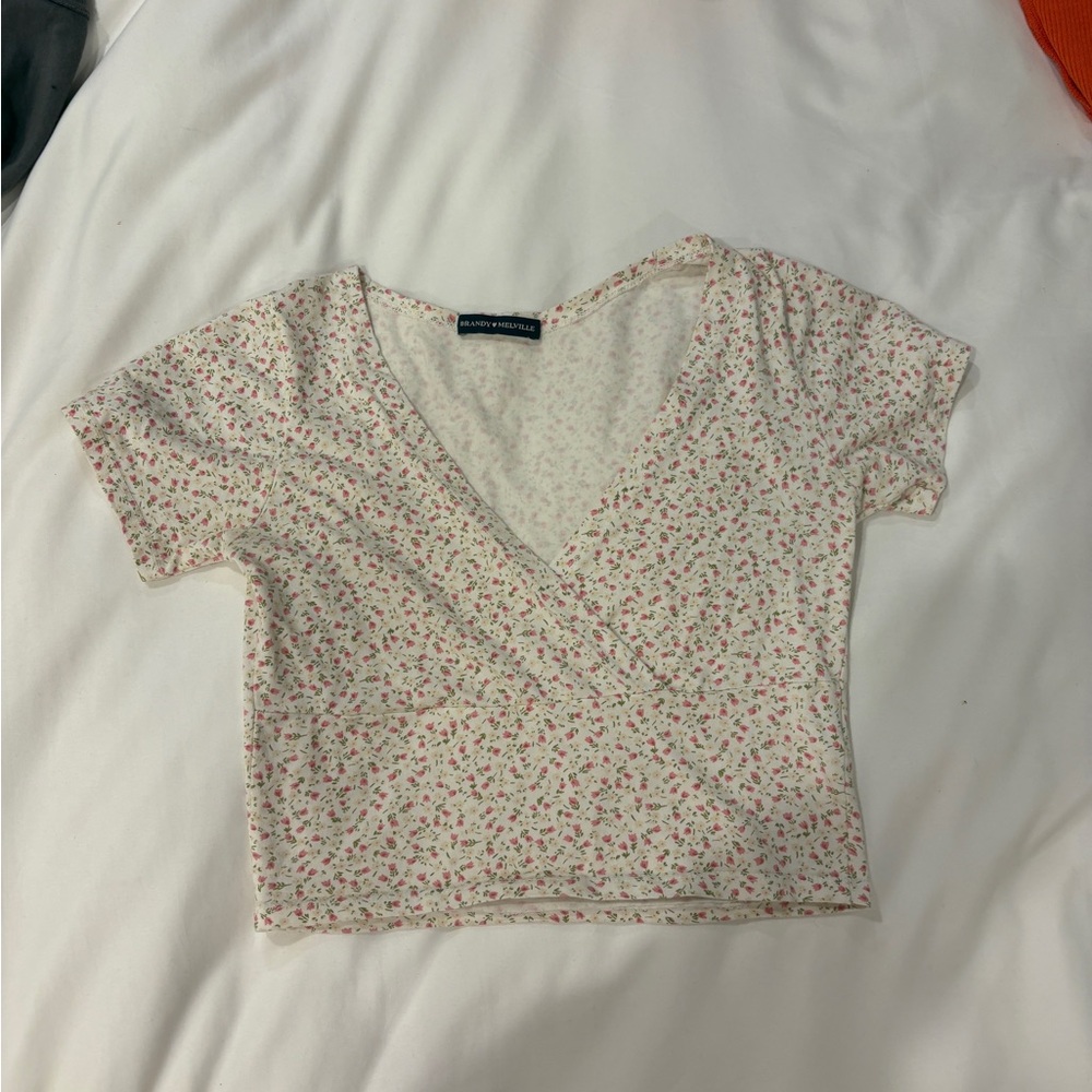 Brandy Melville Floral Wrap Blouse - White and Pink
